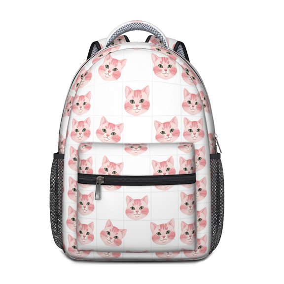 Pink Cat Head White Pattern Backpack for School, Cute School Bag with Adjustable Shoulder Straps and Padded Back, 15.3"x11"x6.7"