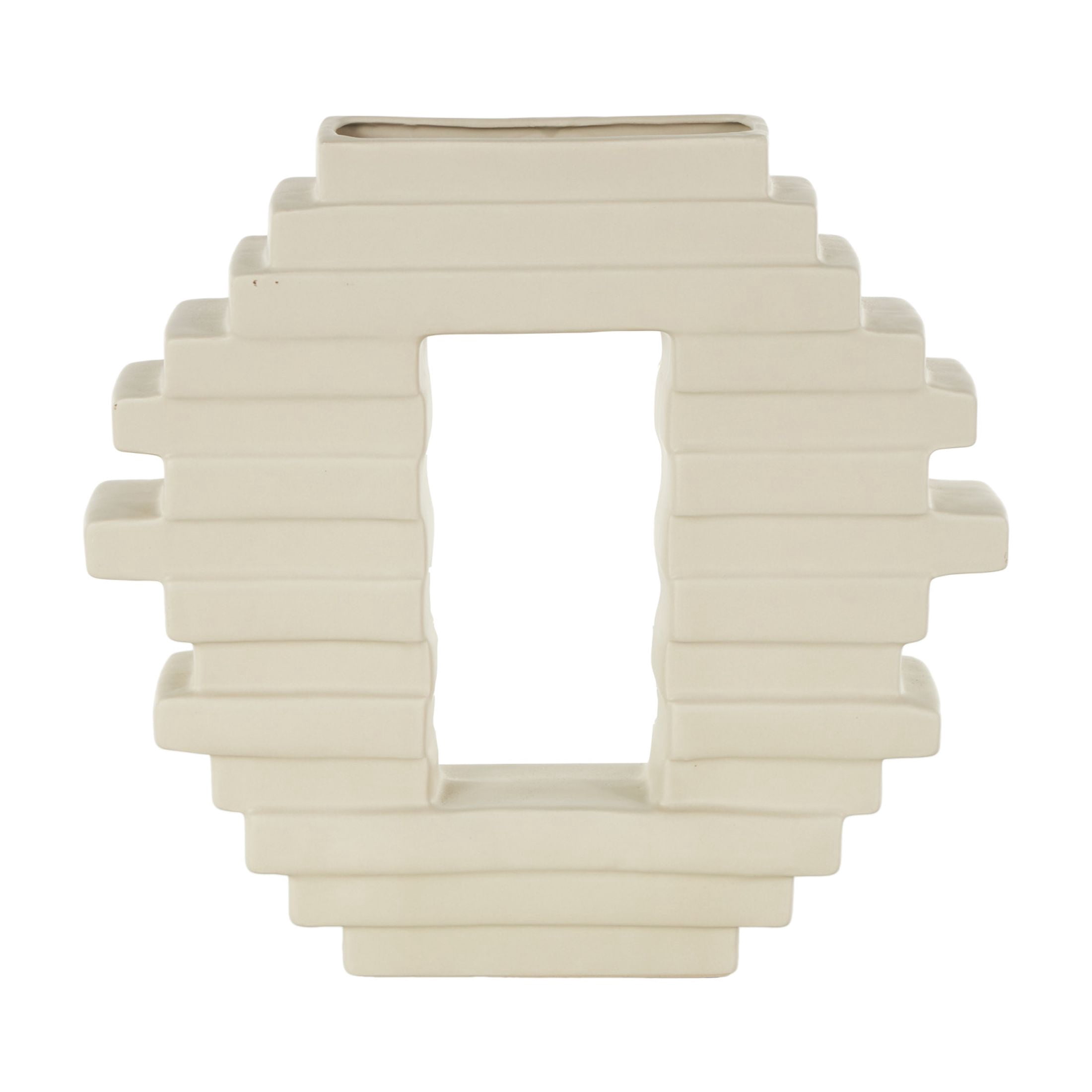 DecMode 12" Abstract Cream Ceramic Vase with Rectangular Center Cutout