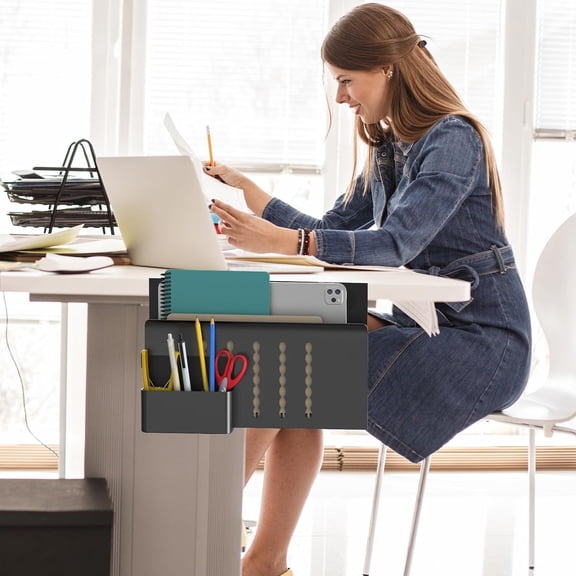 Desk Side Storage Organizer with Magnetic Pen Holder, No Drilling Cable Management Tray for Office & Home