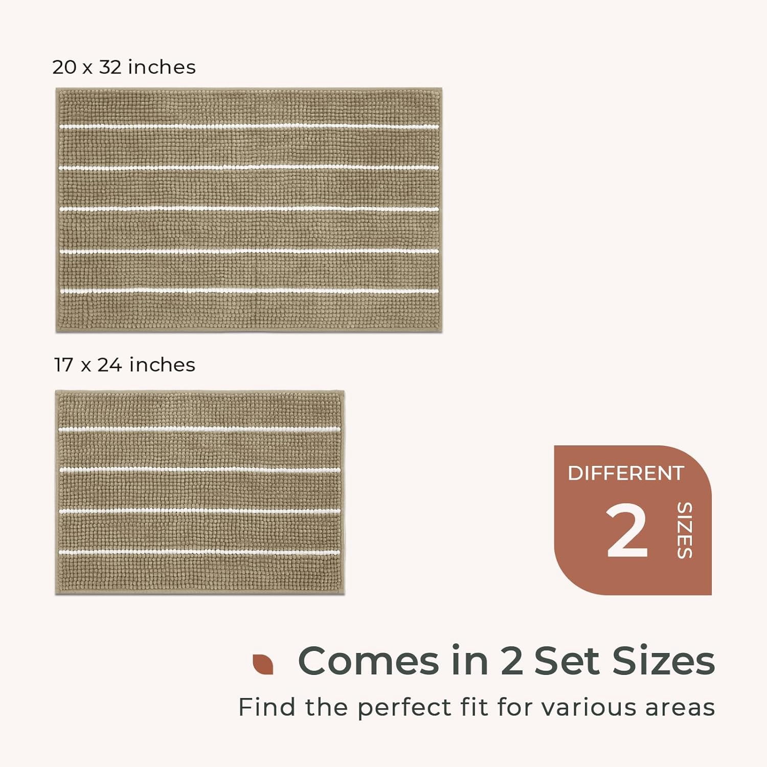 Stripe Chenille Bathroom Rugs Set 2 Piece 17"x24"+20"x32", Water Absorbent Soft Bath Mat for Bathroom, Non Slip Bath Rug Washable Quick Dry Shower Mats, Beige and White