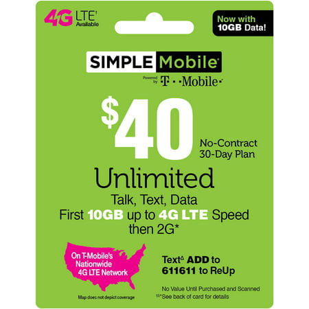 Simple Mobile $40 Unlimited Talk, Text & Data (First 10GB up to 4G LTE† Speed then 2G*) 30-Day Plan (Email