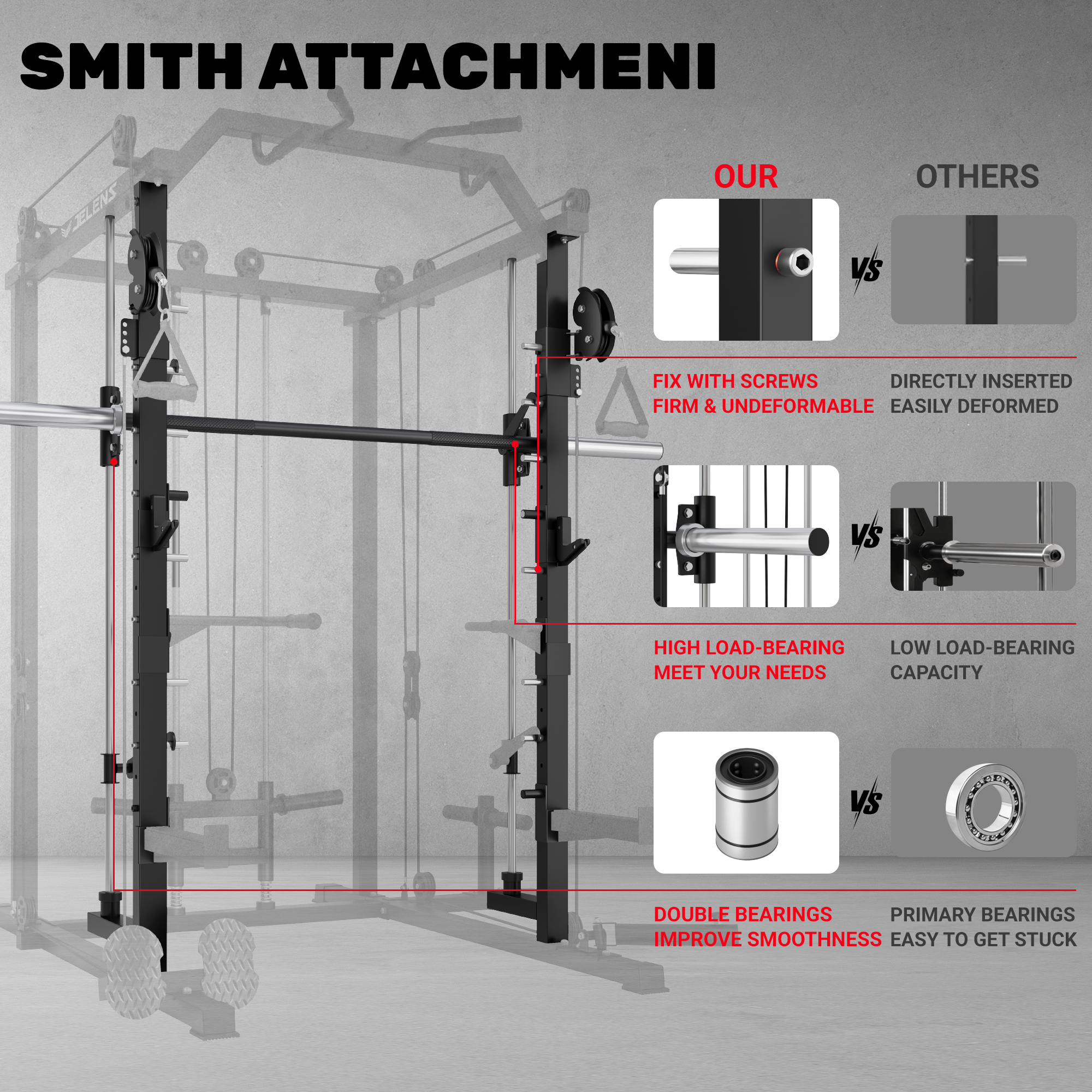 JELENS Smith Machine, 2000LBS M11 Multi-Function Squat Rack Power Cage with Cable Crossover System and Smith Bar, All-in-One LAT Pull-Down Machine for Home Gym