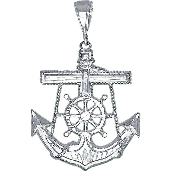 Sterling Silver Anchor Cross Pendant Necklace 2.15 Inches 5.6 Grams Diamond Cut Finish with Figaro Chain