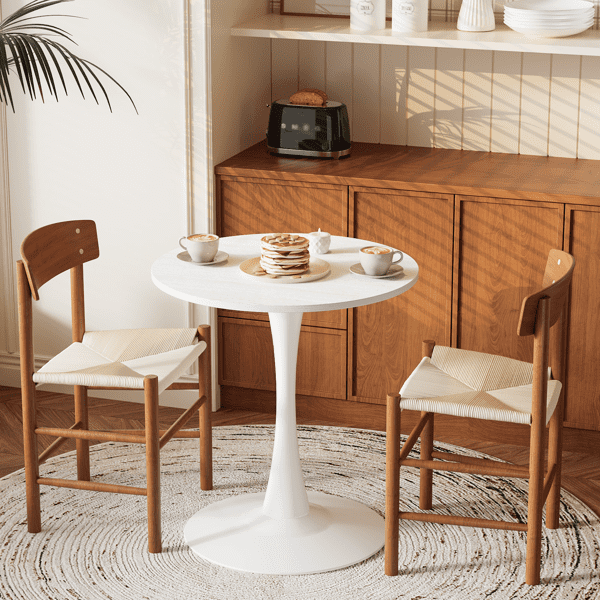 Round Tulip Dining Table, 27.6 Inch Circular Kitchen Table for 2 People, Melamine Laminated MDF Tabletop with Metal Pedestal Base, Easy Assembly Breakfast Table for Dining Room, Apartment, White