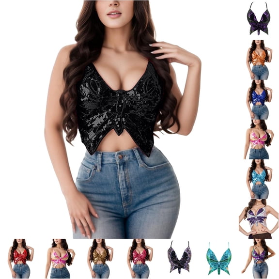 XIAONU Summer Sequin Cropped Cami Top for Women V-Neck Party Night-Out Tank Top