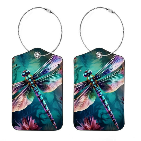 Set of 2 Luggage Tag for Suitcase, Unique Leather Baggage Tags Identifiers Privacy Cover Id Label with Stainless Steel Loop for Women Men Kids Girls, Dragonfly