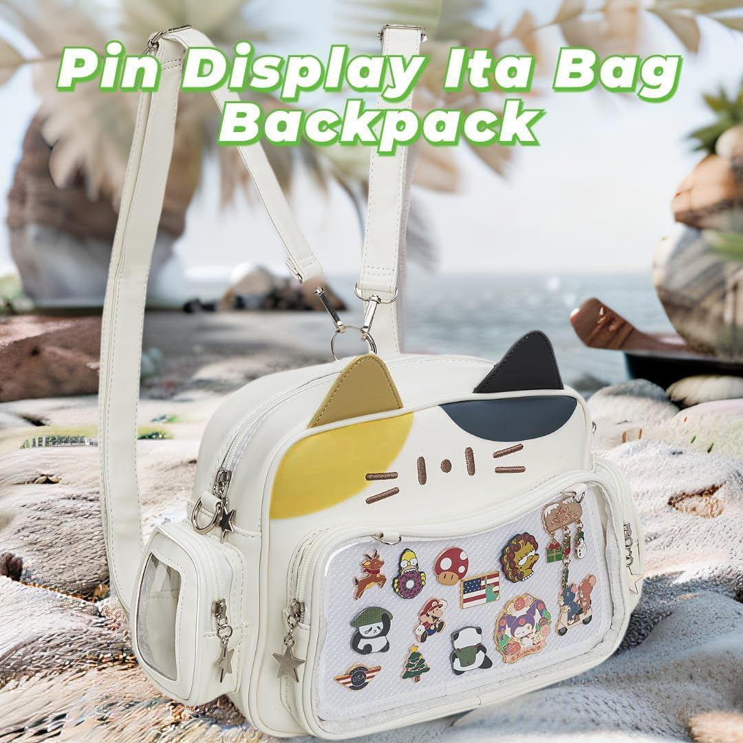 Kwuty Kawaii Ita Bag Backpack Crossbody Bag Cat Shoulder Bags Multi-Purpose Pin Display with Insert