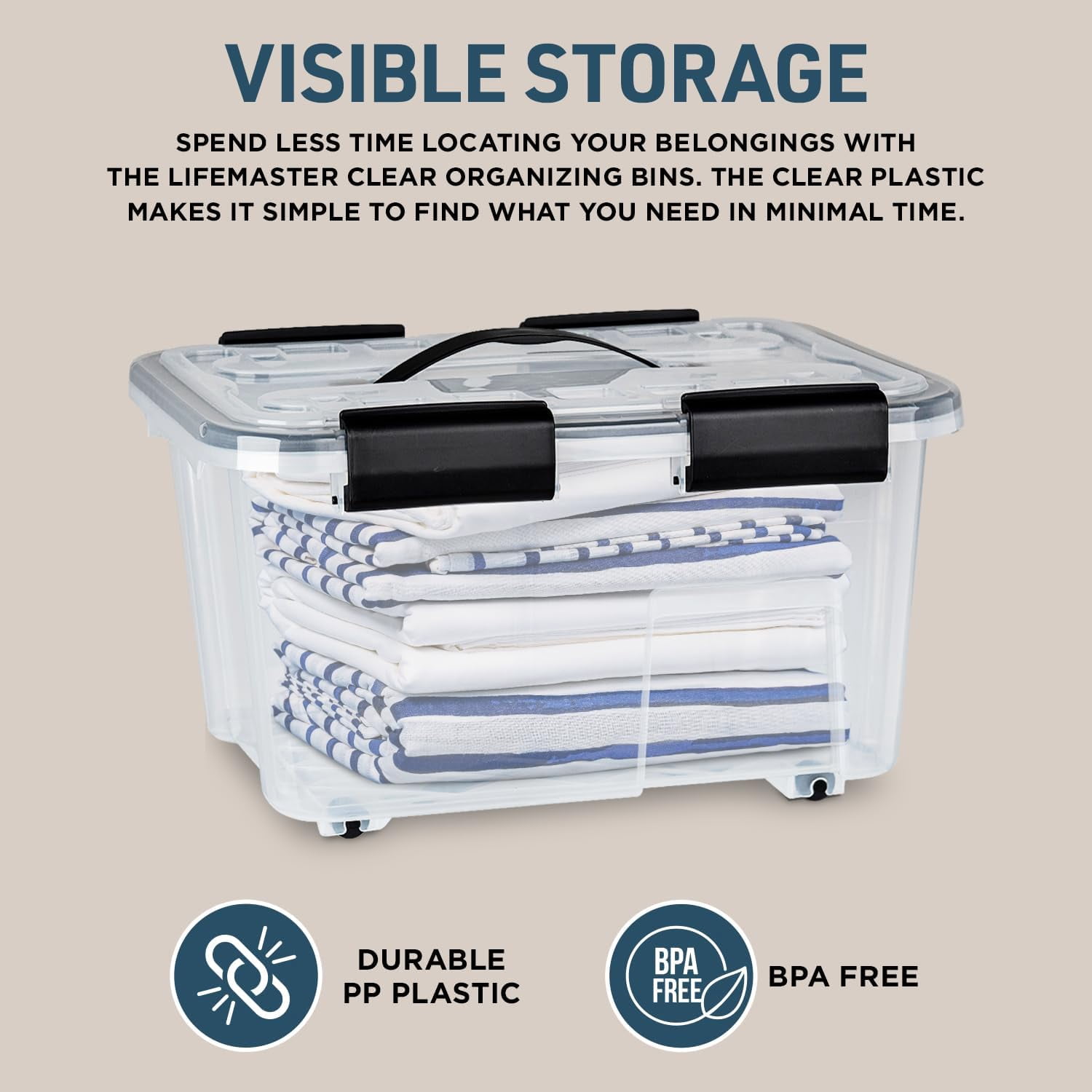 Lifemaster Stackable Storage Box Set - 6 Pieces 32 Quarts Multi-purpose, Space-Efficient Stackable Storage Boxes with Nestable Design, Secure Latches, Easy-Move Wheels & Pull-Out Base - Clear
