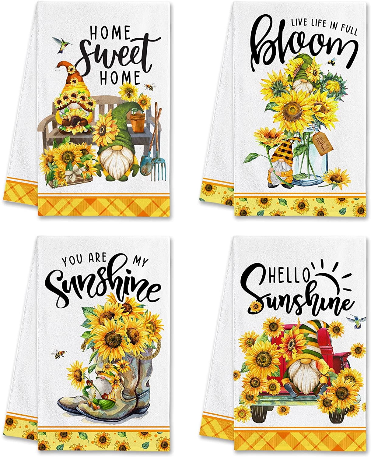 Sunflower Kitchen Towels Sets of 4, Sunflower Dish Towels, Gnome Bee