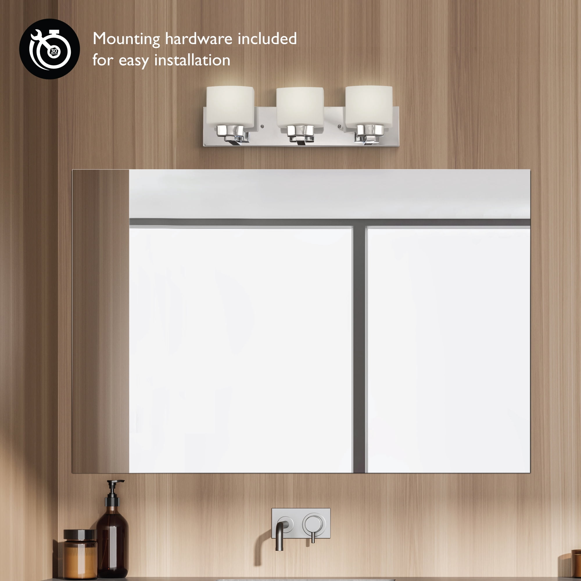 Design House Dove Creek 3-Light Dimmable Bathroom Vanity Light with Frosted Glass, Polished Chrome