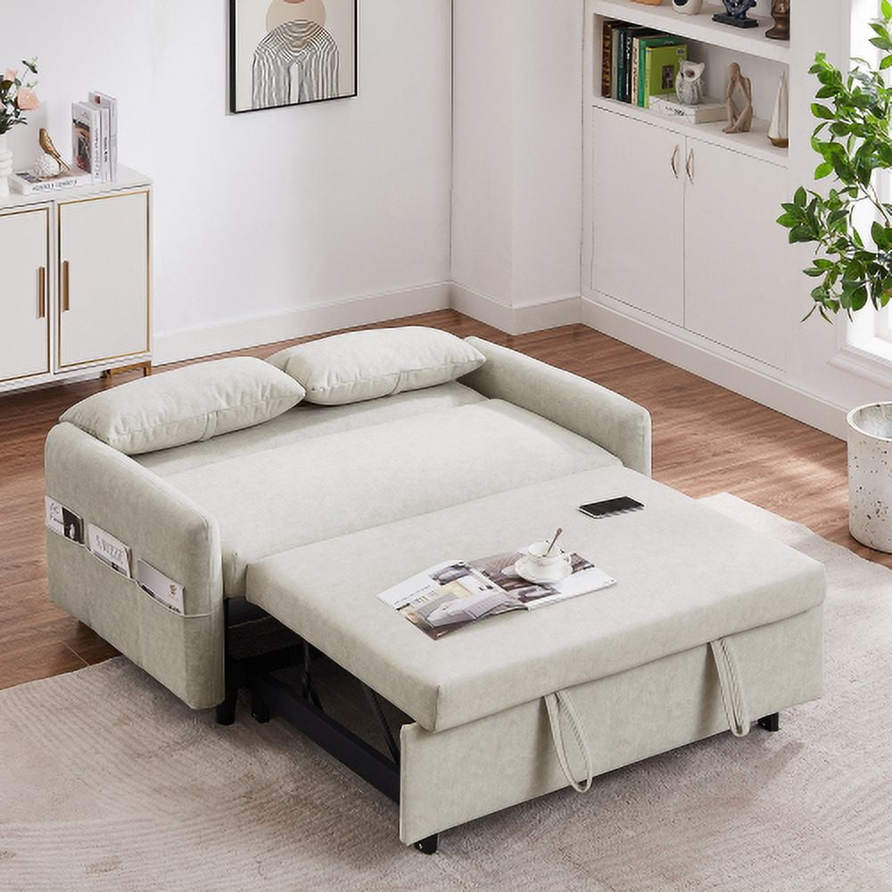 Leumius 2 Seat Sofa Couch with Pull Out Sleep Sofa Bed, Modern Loveseats with USB Ports, Beige