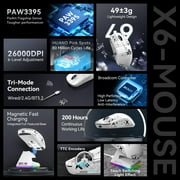 ATTACK SHARK X6 49g SUPERLIGHT Mouse, PixArt PAW3395 Gaming Sensor, BT/2.4G Wireless/Wired Gaming Mouse, 6 Adjustable DPI up to 26000, 200 Hrs Battery, G502, Office Mice for Win11/Xbox/PS/Mac (White)