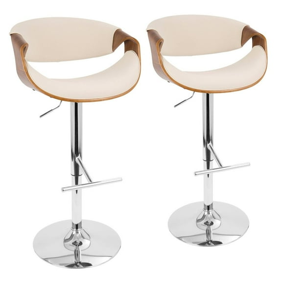 LumiSource Chrome, Walnut Wood, Light Grey Fabric Curvo Barstool - Set of 2