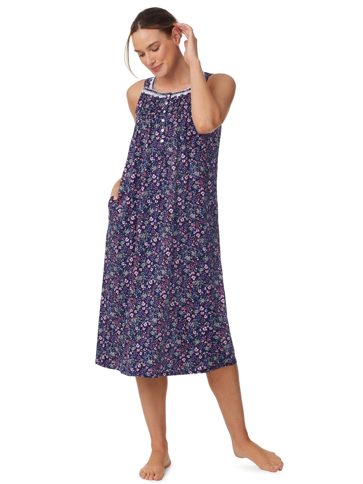 Aria Women's Sleeveless Long 100% Cotton Nightgown in 46", Sizes XS to 5X