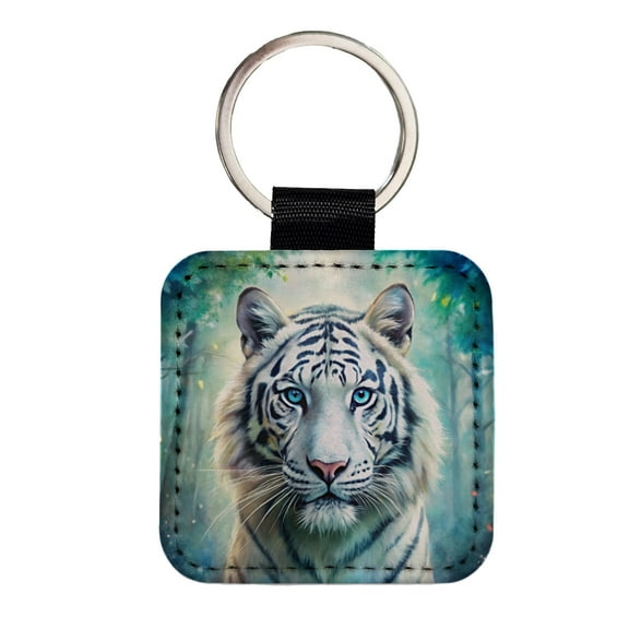 White Tiger In Forest Watercolor Faux Leather Square Keychain