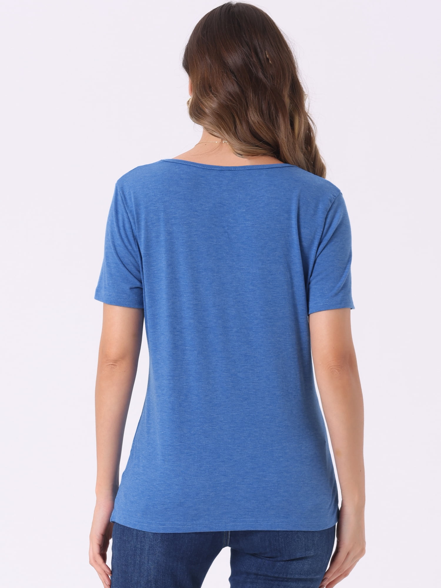 DARING DIVA Women's Cowl Neck Ruched Short Sleeve Tops with Button Decor M Blue