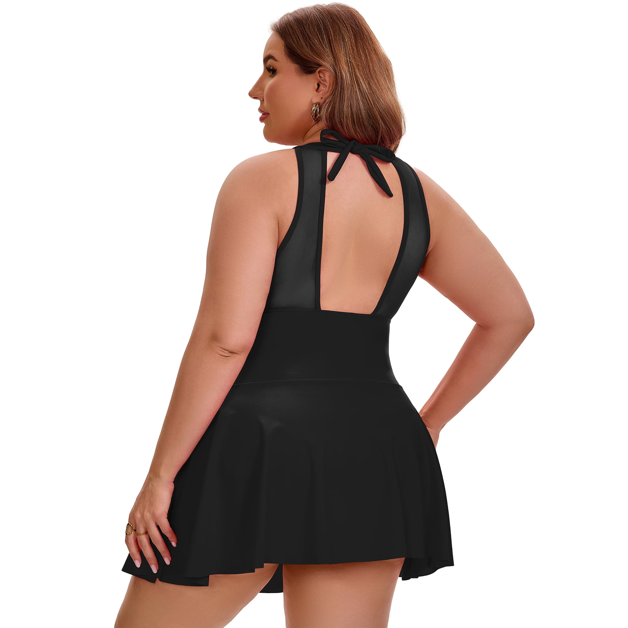 DARING DIVA Women's Plus 1 Piece Halter Mesh Sheer Tie Swimwear L Black