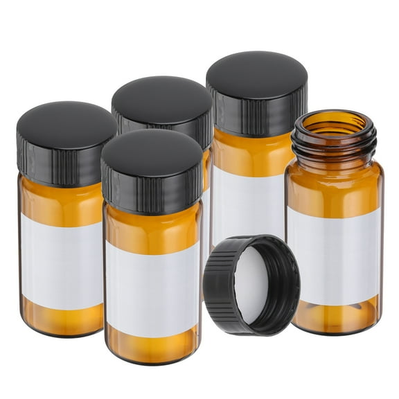 Uxcell Small Glass Sample Bottles with Lids, 5 Pcs 20ml Amber Glass Vials with Black Screw Caps Mini Leak Proof Reagent Sealed Bottles with Writing Label for Solid Liquid Powder Storage