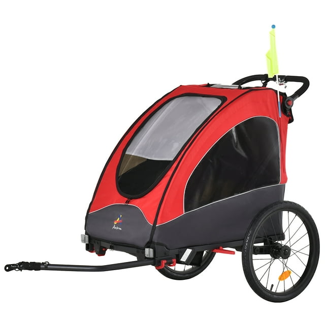 Aosom 3 In1 Baby Bike Trailer for 2 Kids, Foldable Double Jogger Stroller, 2-Seater Stroller with Shock Absorber System, Rubber Tires, Adjustable Handlebar Brake, Storage Bag, Red
