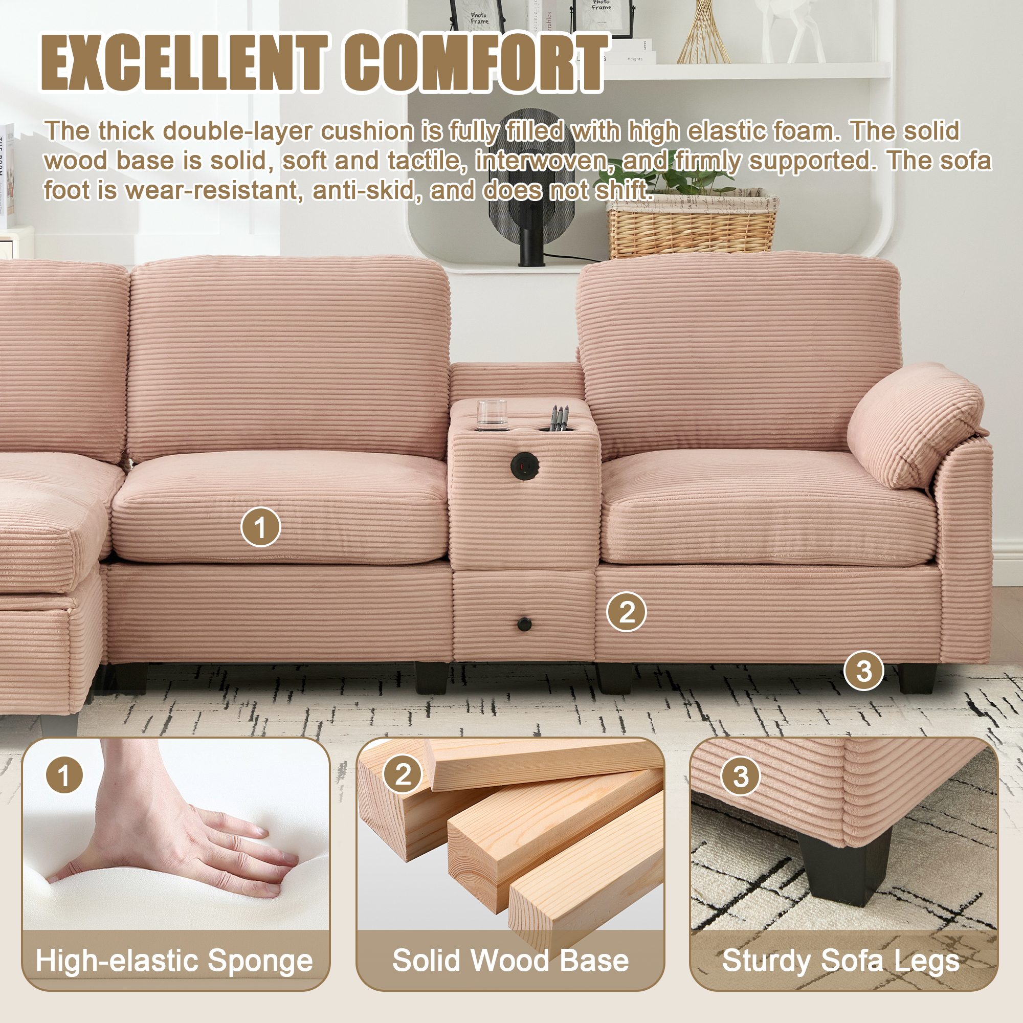 MOONMISS Corduroy Upholstered L-Shaped 4-seater Storage Multifunctional Sectional Sofa with Storage Ottoman-Pink