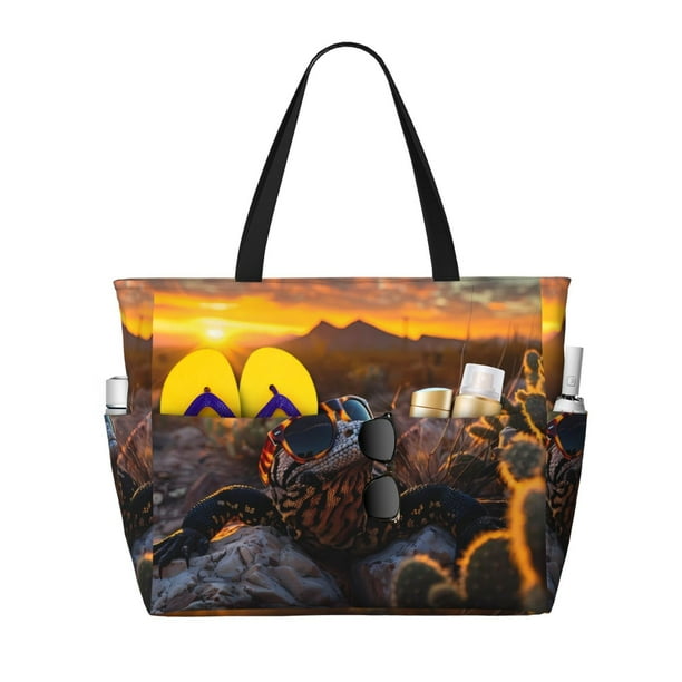 Fotbe Lizard With Sunglasses Sunset Bolsa de Viaje para Playa - Resistente al Agua, Bolsa Tote de Gran Capacidad y Ligera con 7 Bolsillos para Mujeres y Hombres