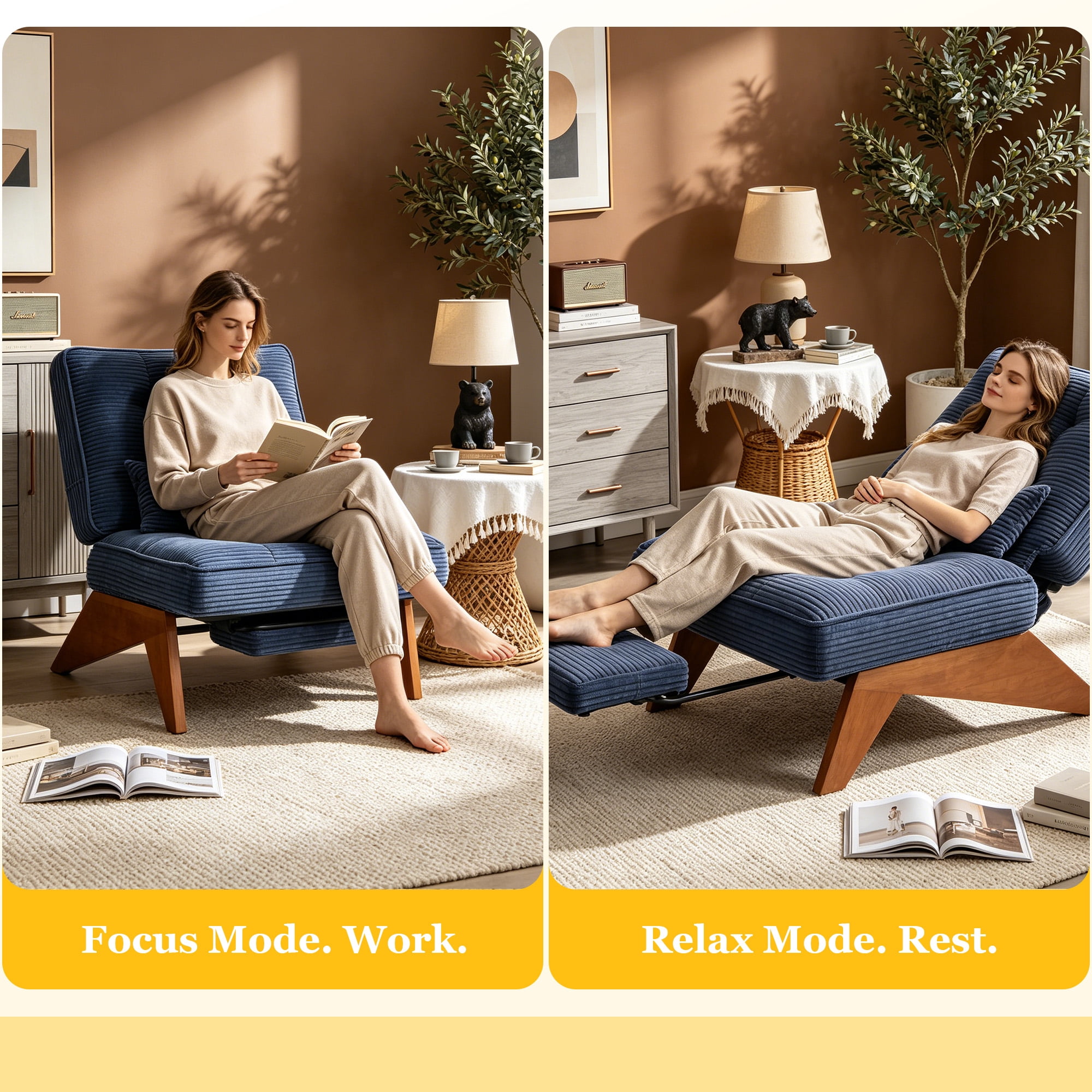 MOONMISS Modern Adjustable Lounge Chair with Footrest,Wooden Base Upholstered Recliner for Reading Rest Corduroy