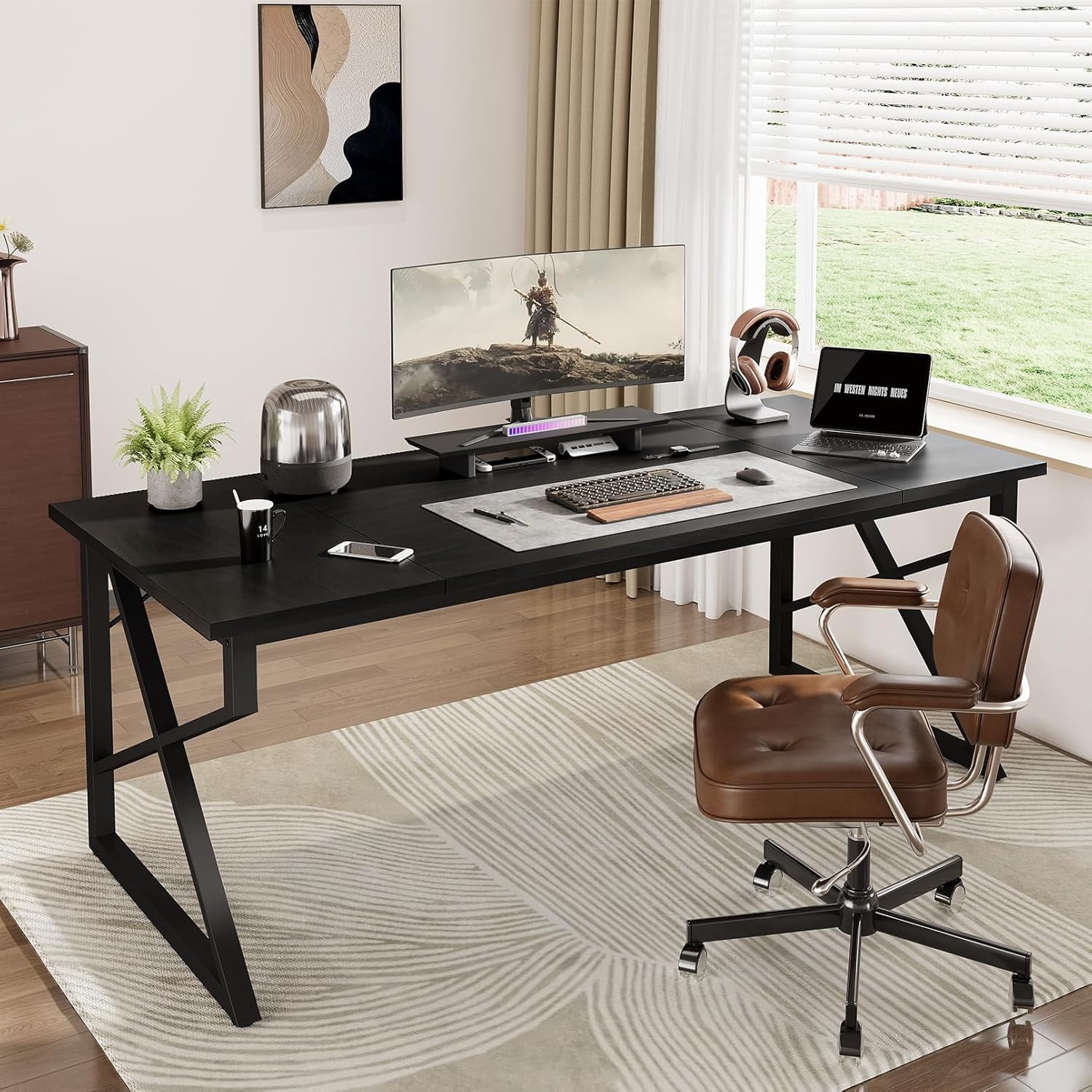GLZ'HOME 70.9-Inch Executive Desk, Heavy Duty Industrial Home Office Desk with Easy Assembly, Modern Large Computer Desk for Home Office, Study & Apartments, 500 lbs Capacity