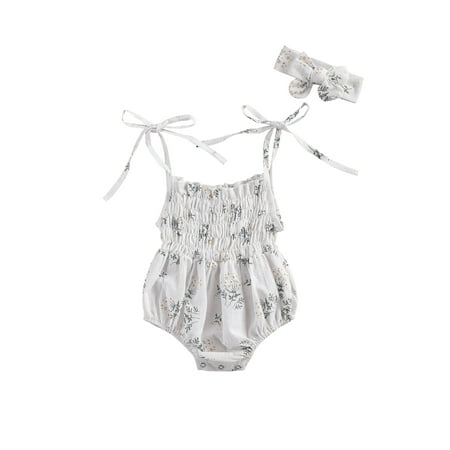 

Newborn Infant Baby Girls 2 PCS Spaghetti Strap Flower Romper Headband Outfits Pink 0-3 Months