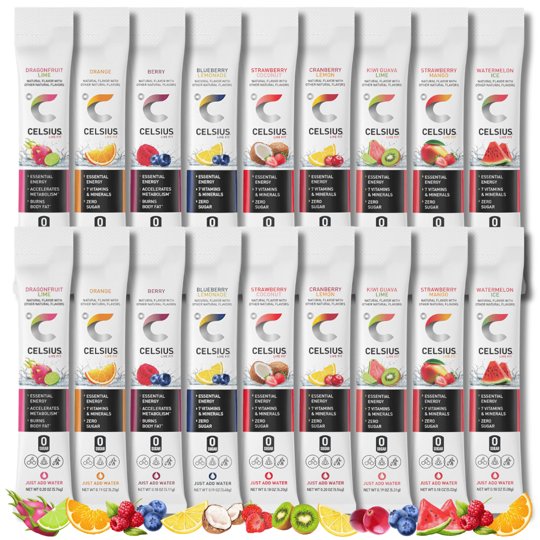 CELSIUS On the Go Essential Energy Drink Powder Packet Stick Mix 9 Flavor Variety Pack, Zero Sugar - Pack of 18 (2 of Each Flavor)