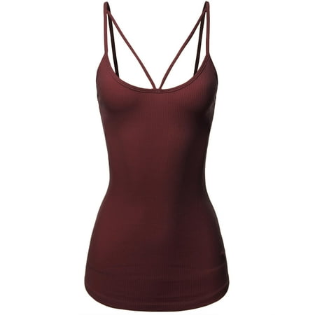 - FashionOutfit Women's Solid Cotton Based Front V-Line Spaghetti Strap Cami Tank Top