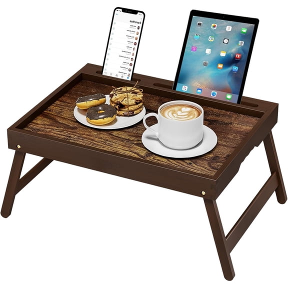 Bed Tray Table with Folding Legs, Bamboo Breakfast Food Tray with Media Slot, Use As Platter, Laptop Desk, Snack, TV Tray Kitchen Serving Tray, Ergonomic Handle Bed Trays (Vintage Walnut)
