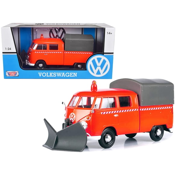 VW Type 2 (T1) Pickup Truck Orange with Snow Plow and camper Shell 124 Diecast Model car by Motormax 79593