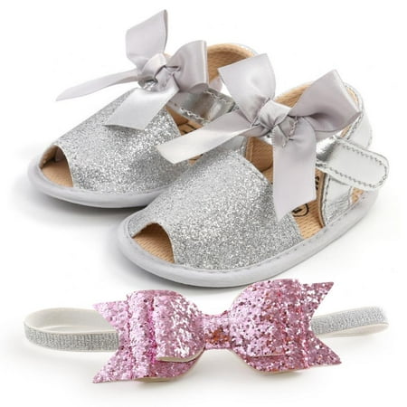 

Infant Baby Girl Sequins Sandals PU Leather Casual Bowknot Shoes Anti-Slip Soft Sole First Walking Shoes with Headband 0-18M