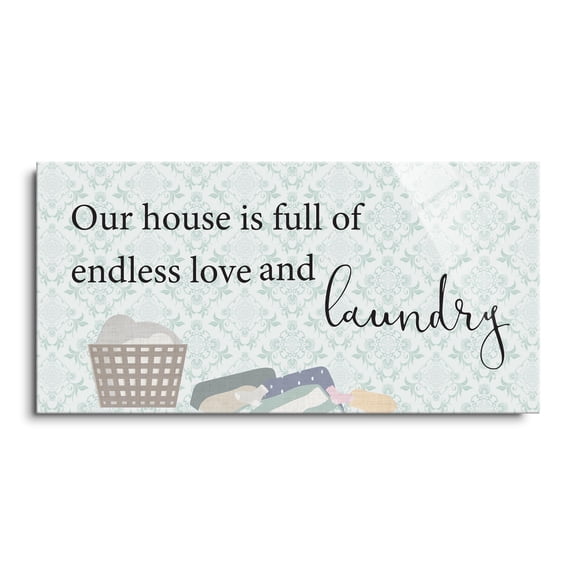 Endless Love Laundry Mint Damask Basket 24 x 12 Glass Wall Hanging Sign