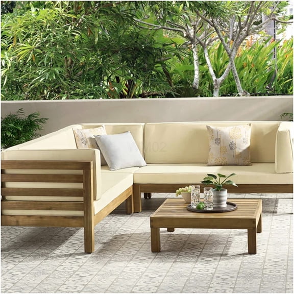 OANA Outdoor Acacia Wood Patio Sectional Sofa Set with Table and Beige Cushions