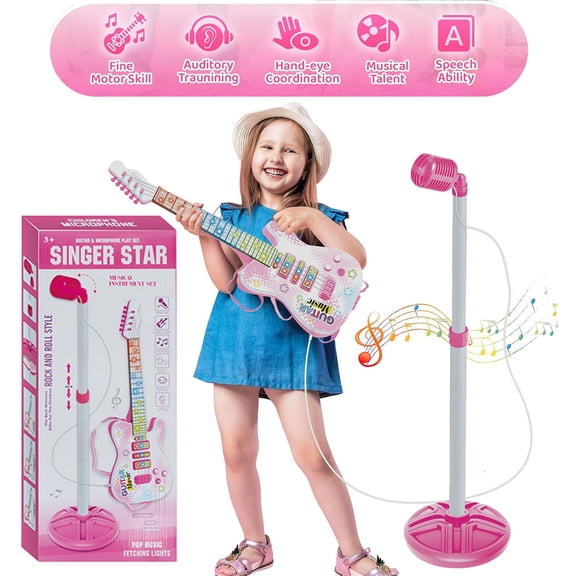 Musical Guitar and Microphone Set for Kids, Electric Guitar Toys Starter Kit with Adjustable Height Microphone Stand, Music Light Sounds Karaoke Toy for Girls, Boys, Christmas Birthday Gift