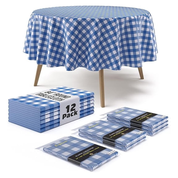 Picnic Table Cover - 12 Pack Premium Round Plastic Tablecloth - Dark Blue & White Checkered BBQ Table Cover - Gingham Checkerboard Disposable Tablecloth 84 inch. Round