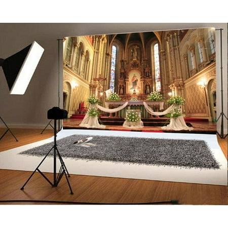 Image of GreenDecor European Church Wedding Backdrop 7x5ft Photography Background Jesus Cross Christ Child Holy Land Flowers Bilbble Video Studio Props