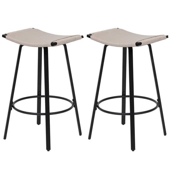 PVC Handwoven Bar Stool Set of 2 Counter Height Barstools Backless Dining Chairs with Footrest for Outdoor, Indoor, Garden, Kitchen (Creamy White)