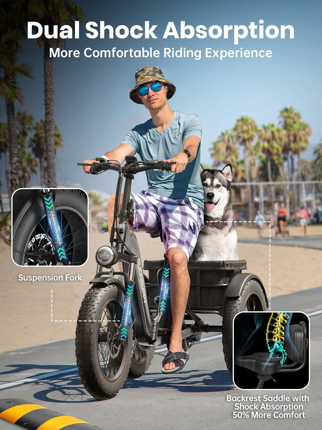 PUCKIPUPPY 20" Electric Tricycle for Adults 960W 60Miles Range 20mph Max Speed Fat Tire Electric Trike 48V 17.4AH Battery 3 Wheel Electric Bike 500lbs Load E-Mountain Bikes, Comply with UL2849 By SGS