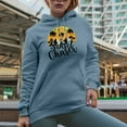 thumbnail image 2 of Retro Sunset Chaser with Palm Trees & Mountains, Sunset View Lover, Light Blue Hooded Sweatshirt or Hoodie, XL, 2 of 5