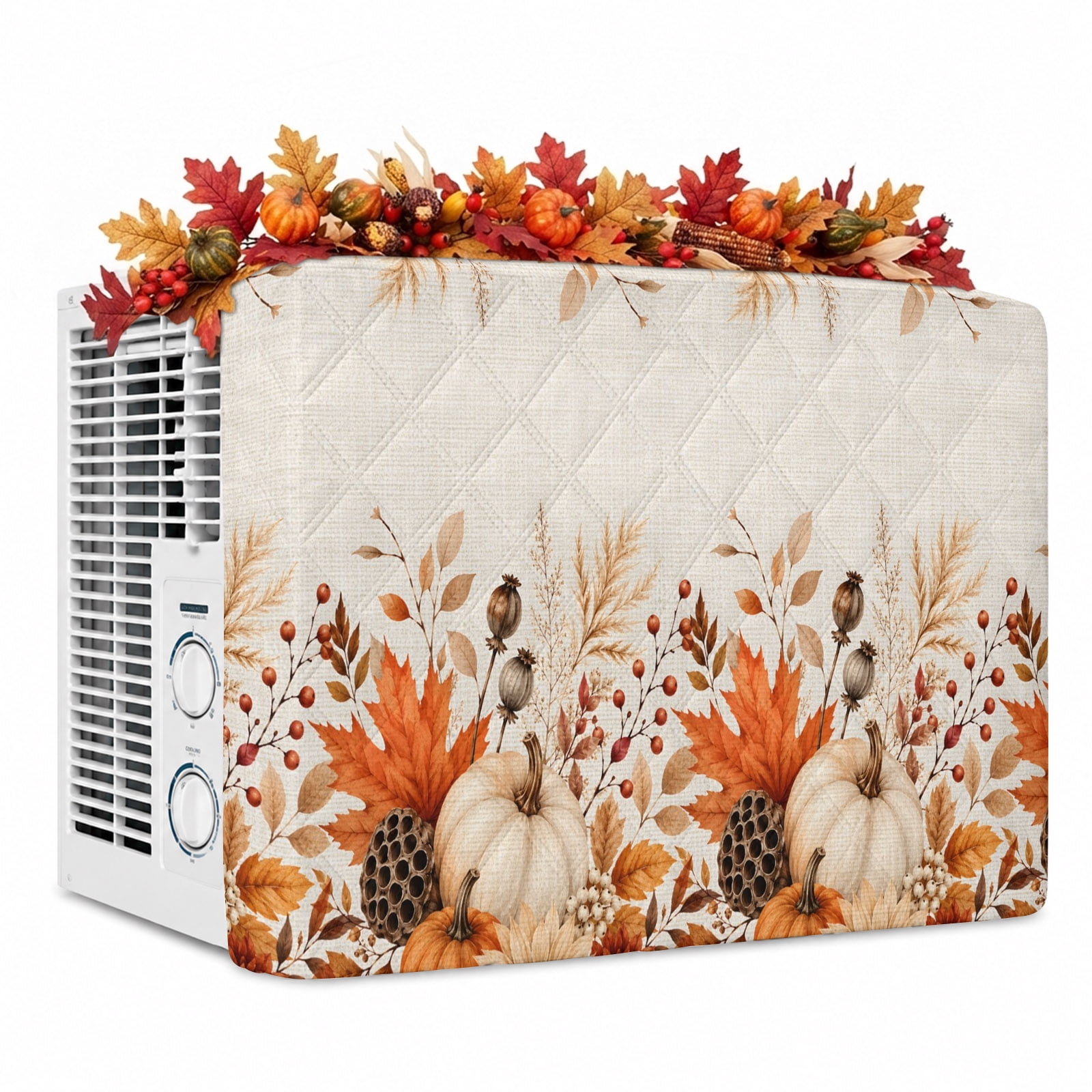 Orange White Pumpkins Indoor Air Conditioner Covers Insulation AC Unit Cover with Drawstring Fall Harvest Punpkin Maple Leaf Beige Waterproof Window Air Conditioner Covers for Inside 21 x15 x3.5
