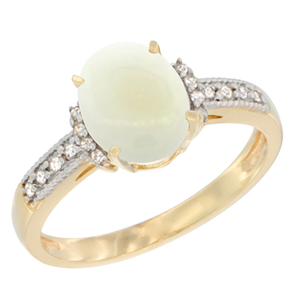 10K Yellow Gold Natural Opal Ring Oval 9x7 mm Diamond Accent, sizes 5 10 by WorldJewels