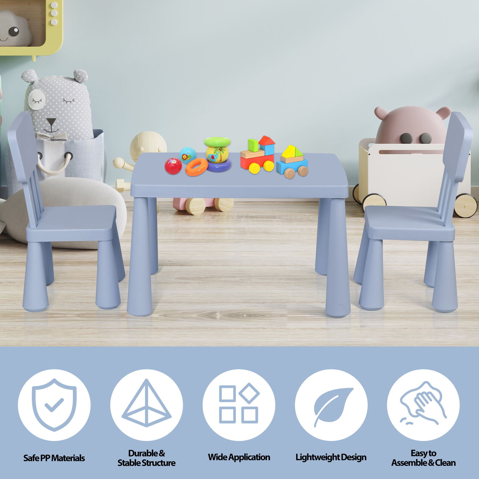 MarketLane 3 Piece Kids Table and Chair Set 3 in 1 Plastic Children Activity Table Toddler Play Set for Indoor and Outdoor, Playroom, Home, Nursery, Daycare, Stable Wide Base Legs