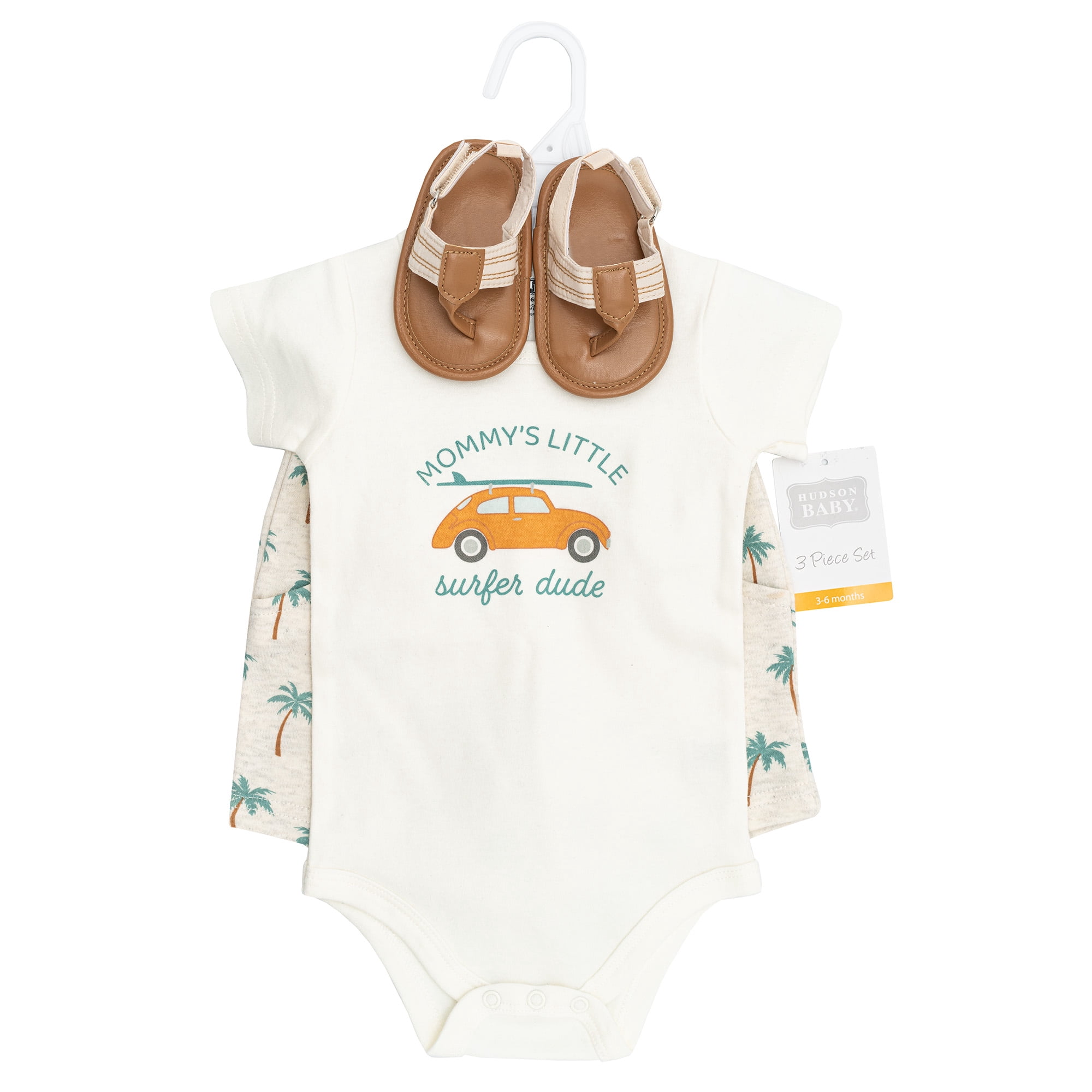 Hudson Baby Boy Cotton Bodysuit, Shorts and Shoe Set, Mommys Surfer Dude, 6-9 Months