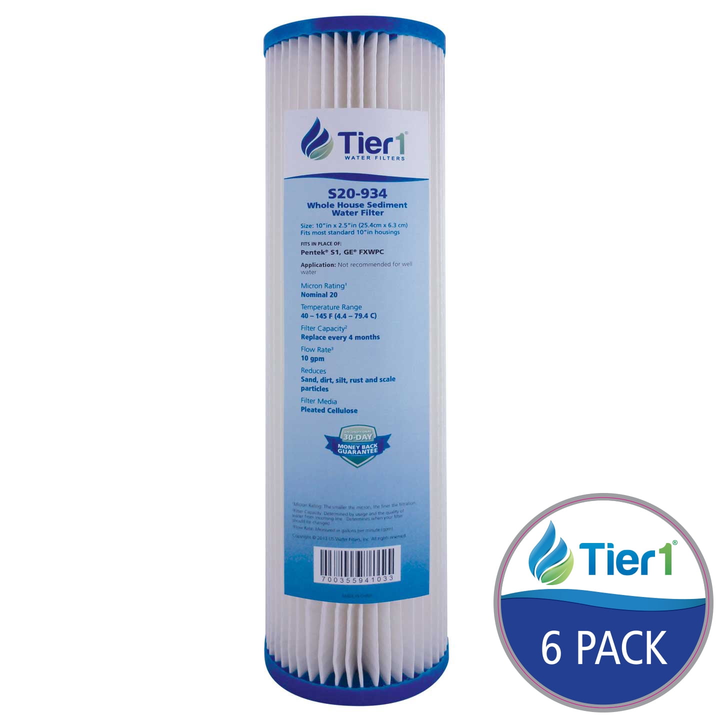 Tier1 20 Micron 10 Inch x 2.5 Inch | 6-Pack Pleated Cellulose Whole House Sediment Water Filter Replacement Cartridge | Compatible with Pentek S1, GE FXWPC, 155001-43, Home Water Filter