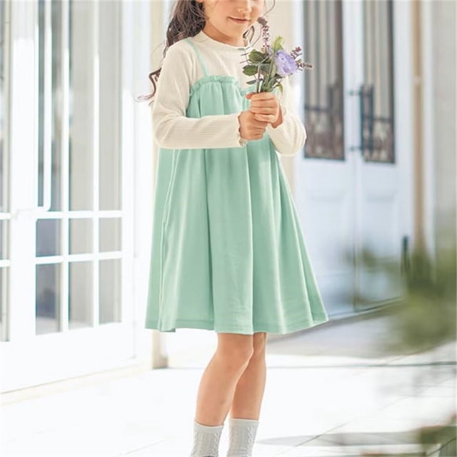 Odeerbi Niñas Punto Rib Twofer Vestido Manga Larga Algodón Primavera Otoño Color Sólido Cuello Redondo Vestido Suelto