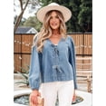 thumbnail image 3 of Women Cute Tie Front Long Puff Sleeve Denim Top V Neck Summer Going Out Tops  Blue M, 3 of 6