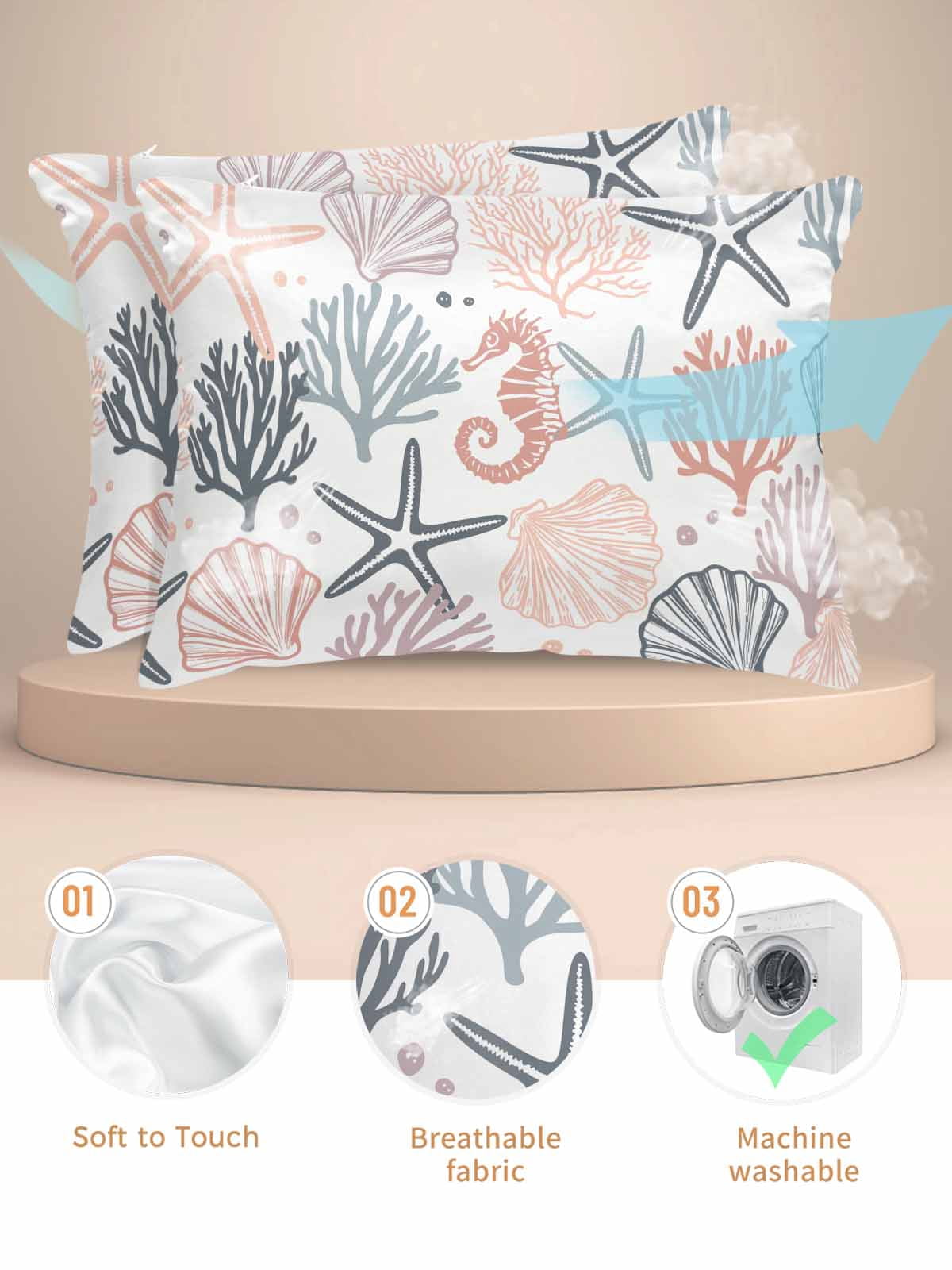 Coastal Ocean Pillow Cases Queen Size Set of 2, Smooth Satin Pillowcase for Hair and Skin, Green Pink Coral Starfish Seahorse Shell Decorative Cooling Bed Pillow Covers with Zipper, 20x30 Inches