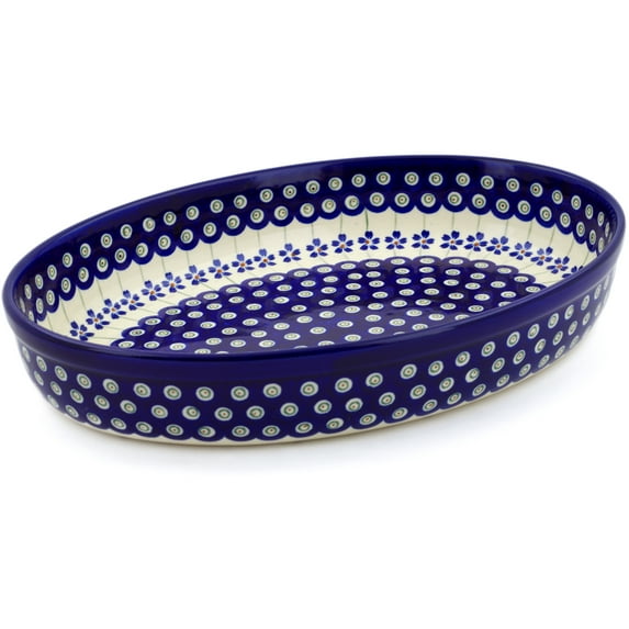 Polish Pottery 12½-inch Oval Baker (Flowering Peacock Theme) Hand Painted in Boleslawiec, Poland + Certificate of Authenticity